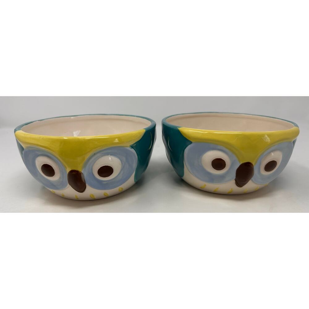 Owl Bowls Teal Yellow Blue Set of 2‎ Dishwasher & Microwave Safe